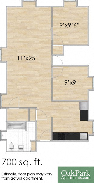 Floor plan for 1 bed, 1 bath, 700 sqft